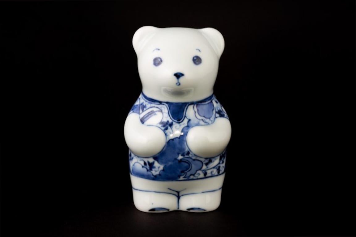 Japanese Contemporary Blue White Porcelain Bear Sculpture For Sale 2