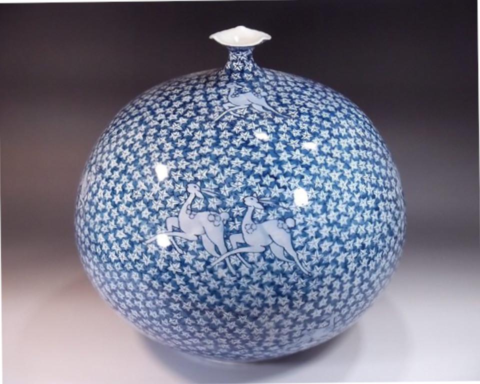 Meiji Japanese Contemporary Blue White Porcelain Vase by Master Artist, 2 For Sale
