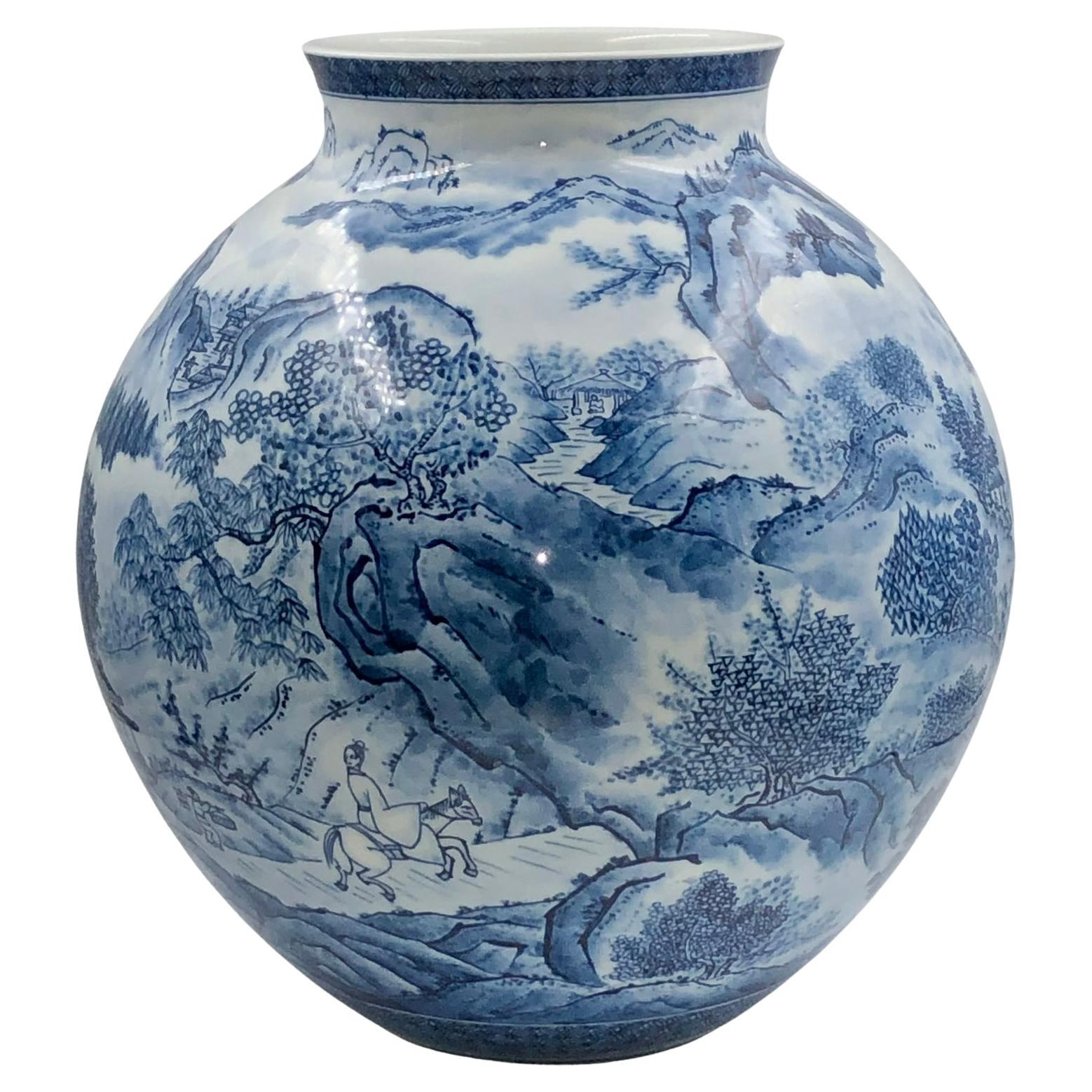 Meiji Japanese Contemporary Blue White Porcelain Vase by Master Artist, 3 For Sale