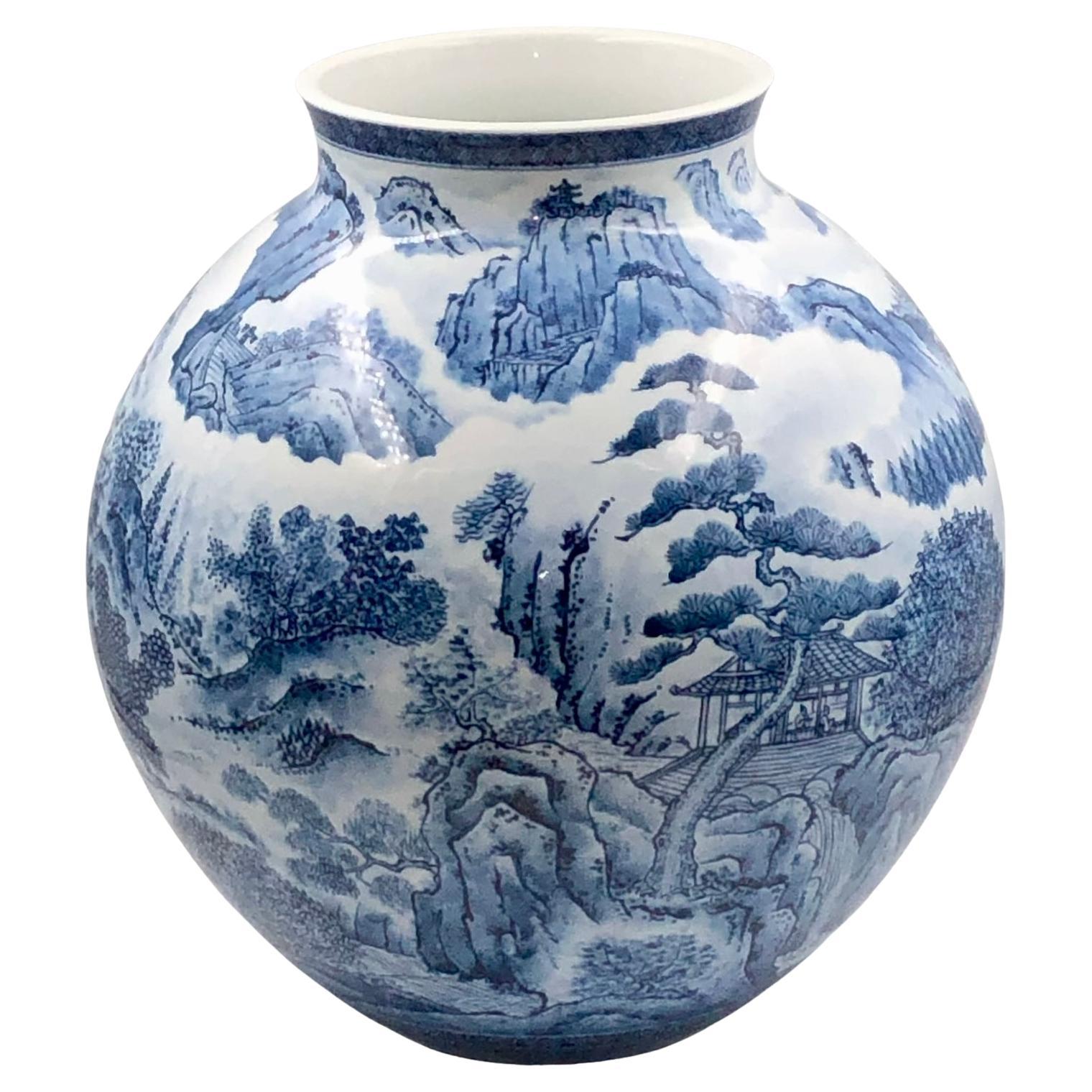 Hand-Painted Japanese Contemporary Blue White Porcelain Vase by Master Artist, 3 For Sale