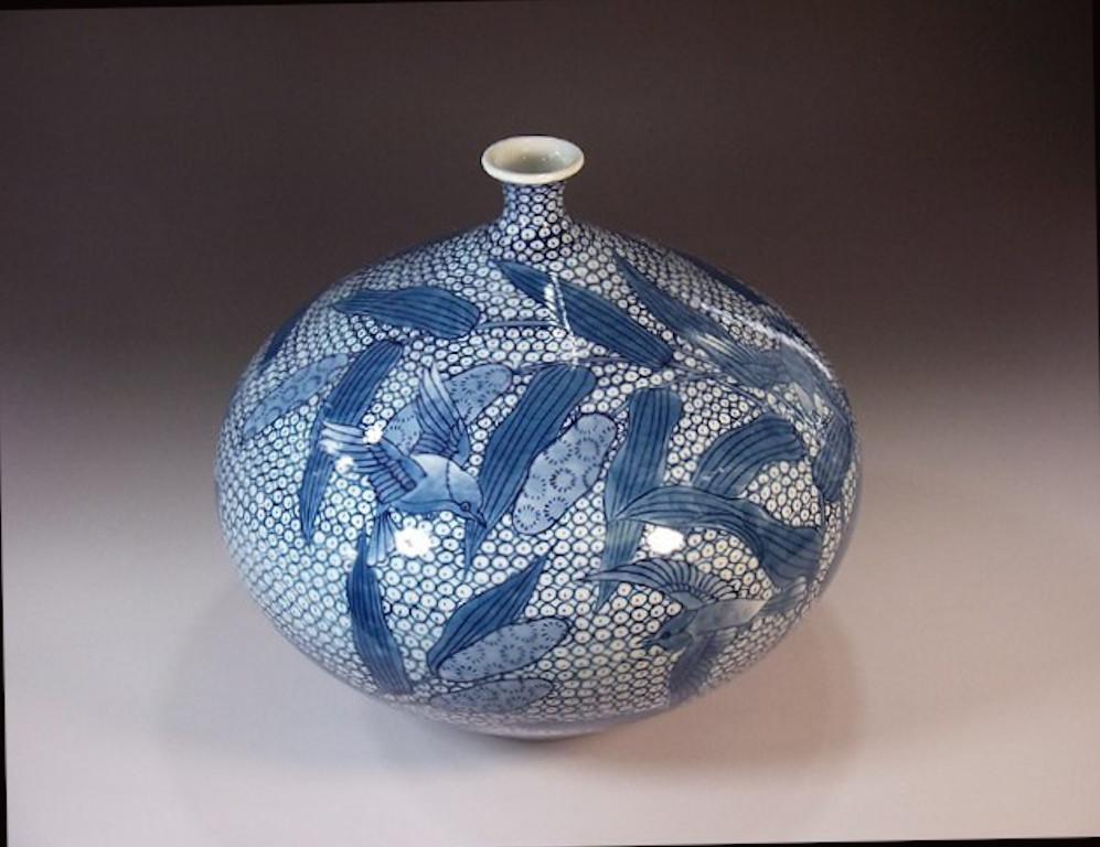 Meiji Japanese Contemporary Blue White Porcelain Vase by Master Artist, 4 For Sale