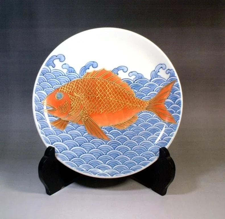 Meiji Japanese Contemporary Blue White Red Porcelain Charger by Master Artist, 3 For Sale