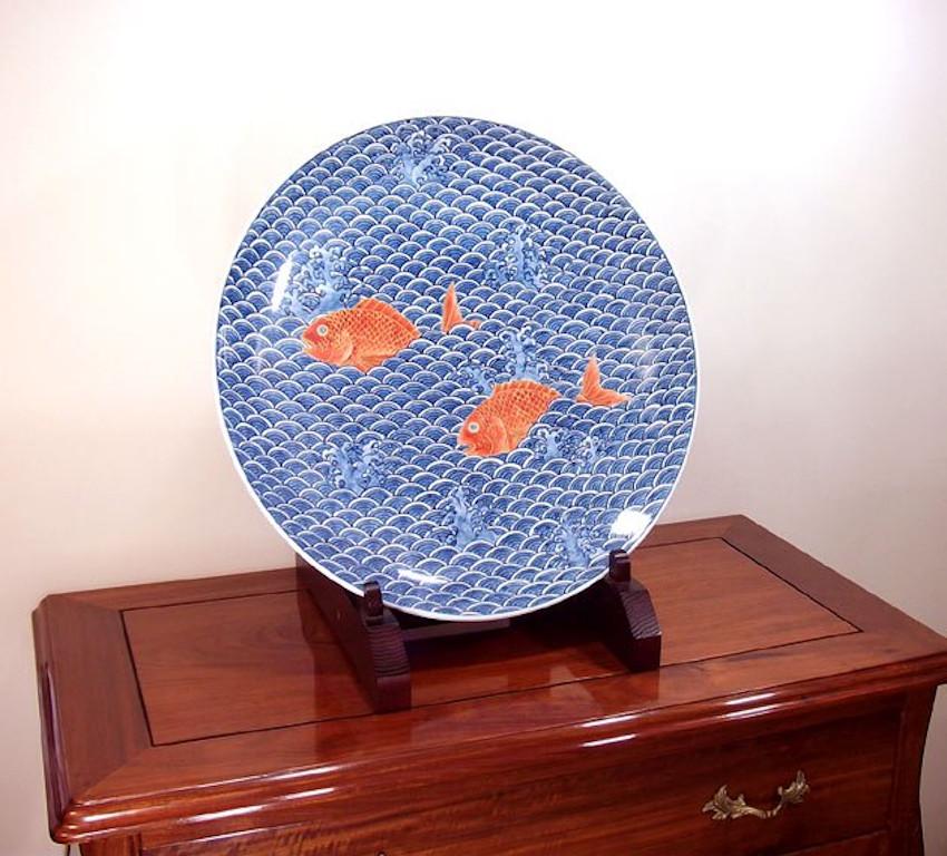 Hand-Painted Japanese Contemporary Blue White Red Porcelain Charger by Master Artist For Sale