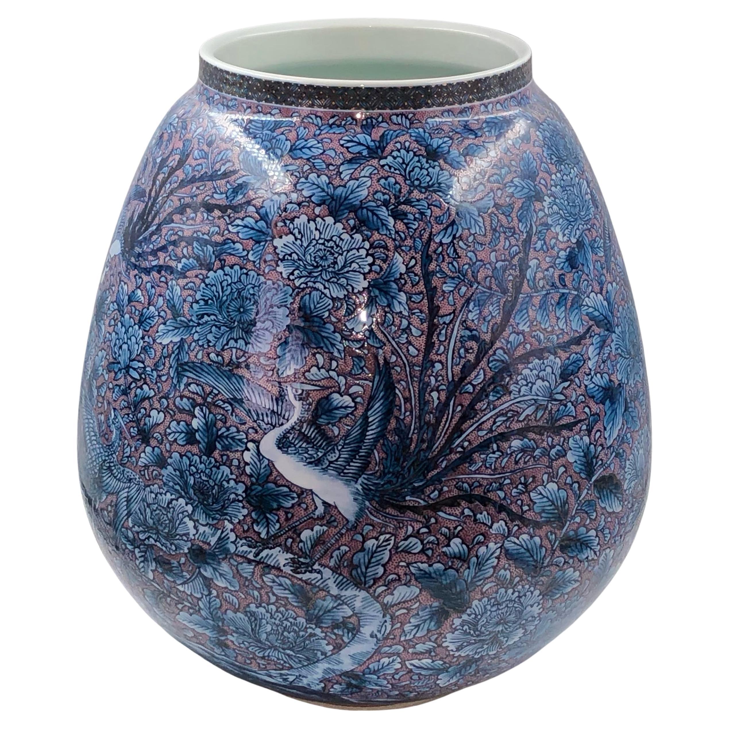 Japanese Contemporary Blue White Red Porcelain Vase by Master Artist, 2