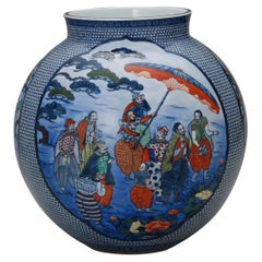 Zeitgenössische japanische Vase aus blauem, weißem, rotem und gelbem Porzellan von Meisterkünstler, 2