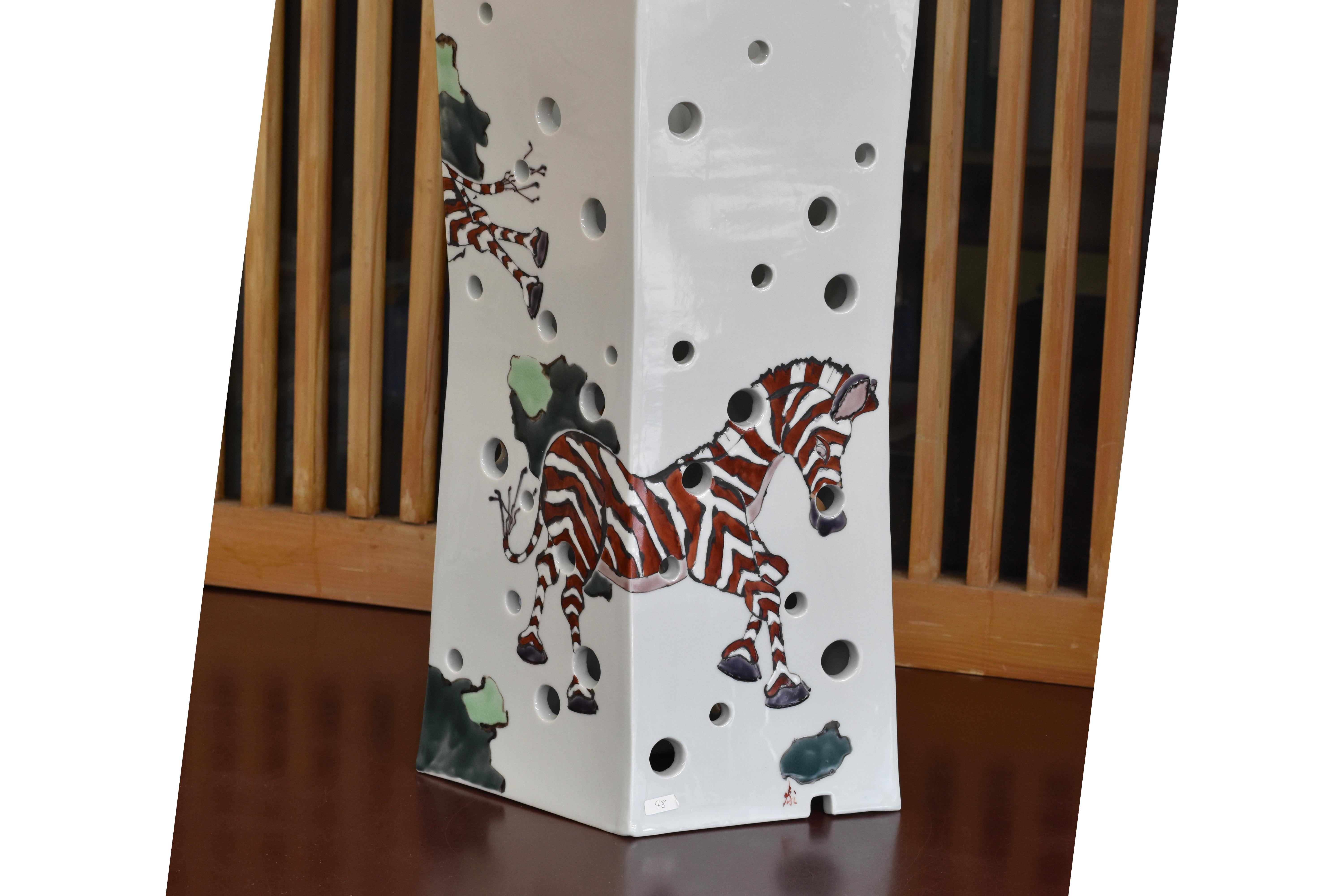 Exquisite museum quality contemporary Japanese hand-painted porcelain signed vase/lamp in an elegant rectangular shape, with his unique signature interpretation of zebras in a stunning chocolate brown. Depicted here on the surface of this striking