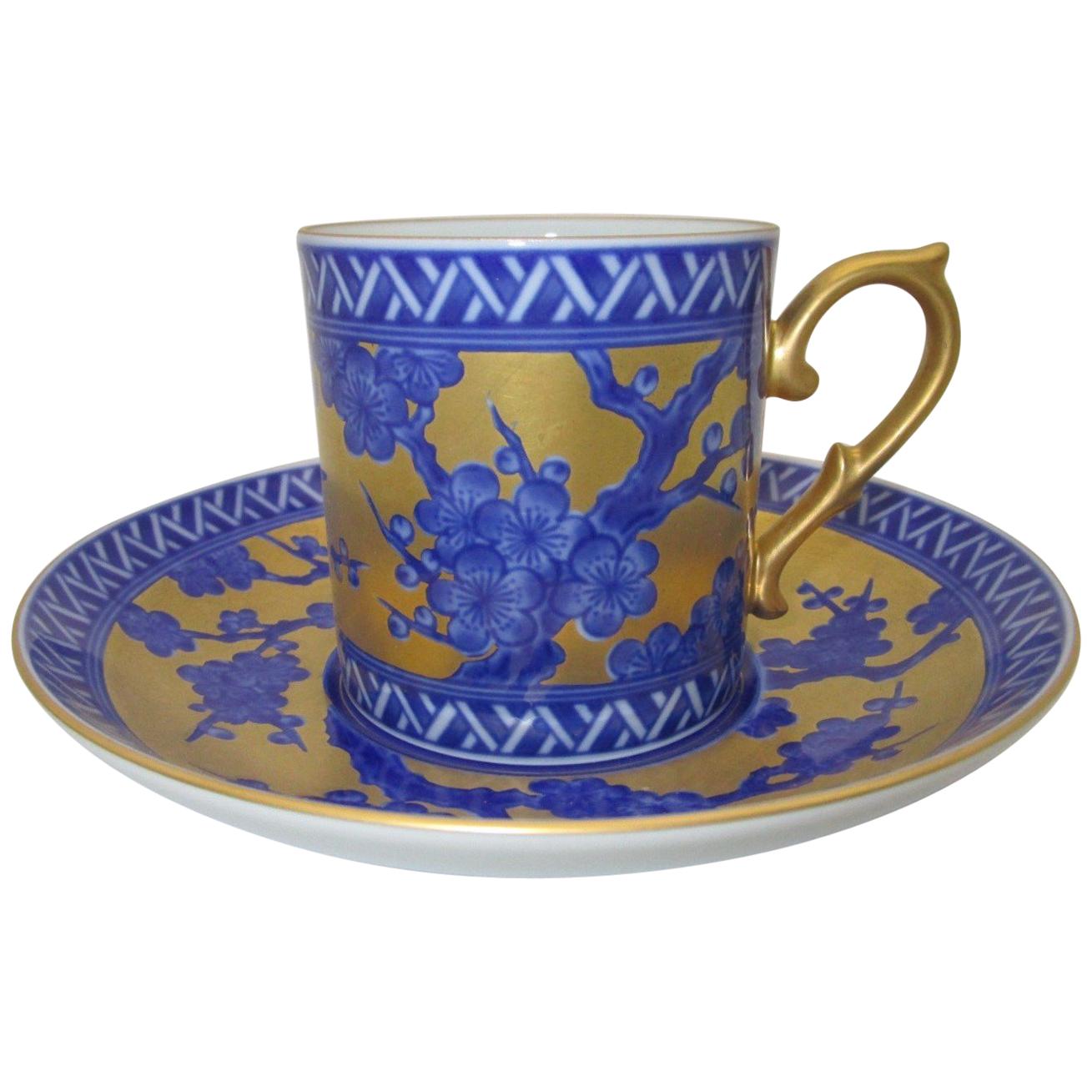 Japanese Contemporary Gilded Blue Ko-Imari Porcelain Cup and Saucer Hand Painted