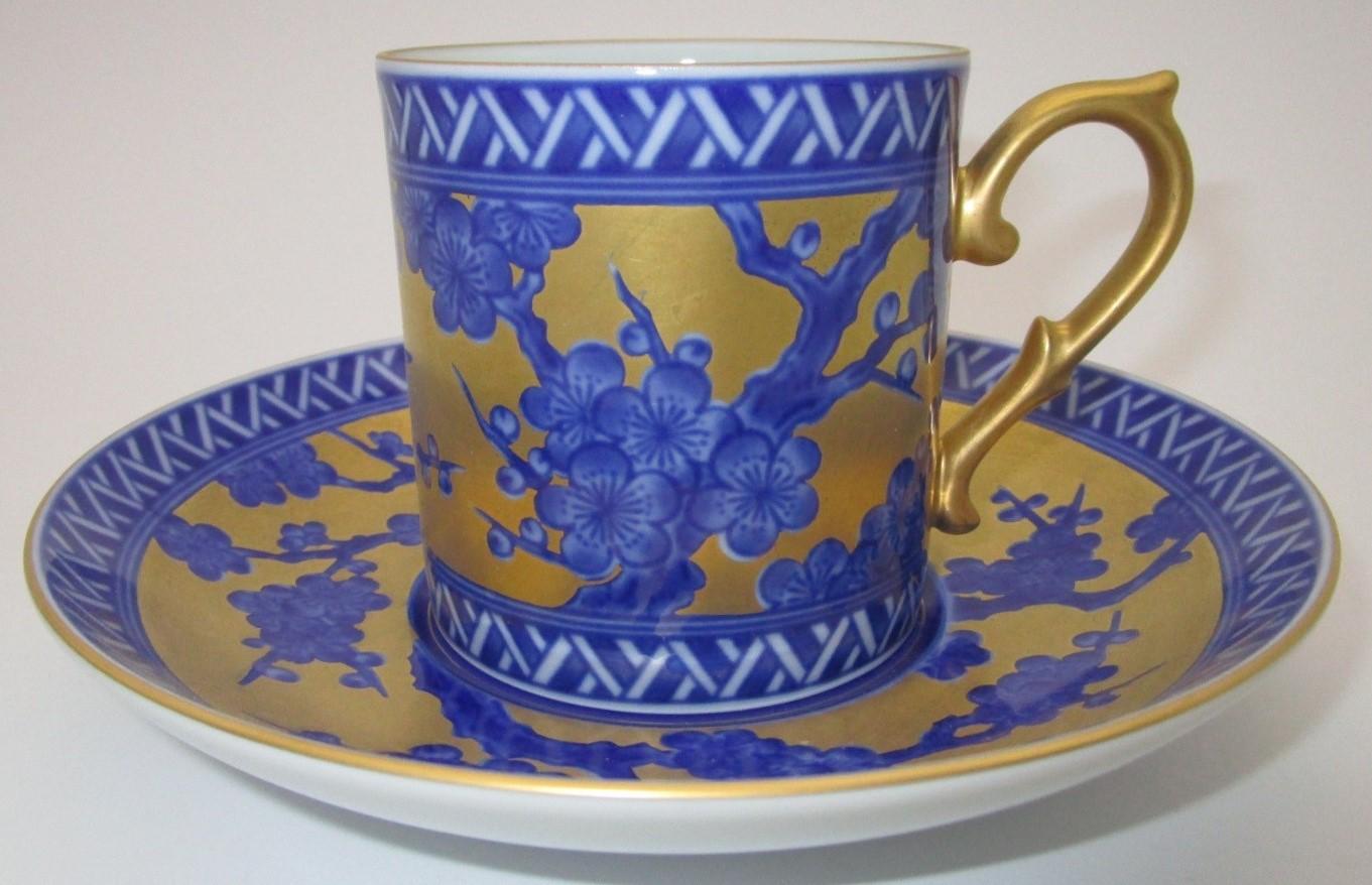 Gilt Japanese Contemporary Gilded Hand Painted Blue Porcelain Cup and Saucer