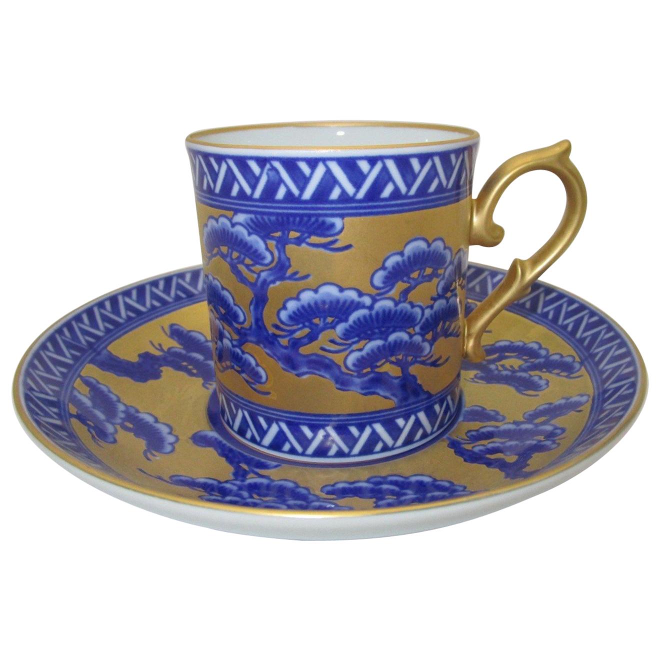 Japanese Contemporary Gilded Hand Painted Blue Porcelain Cup and Saucer