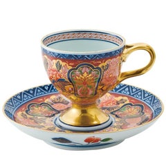 Japanese Contemporary Red Gilded Porcelain Cup and Saucer Hand Painted