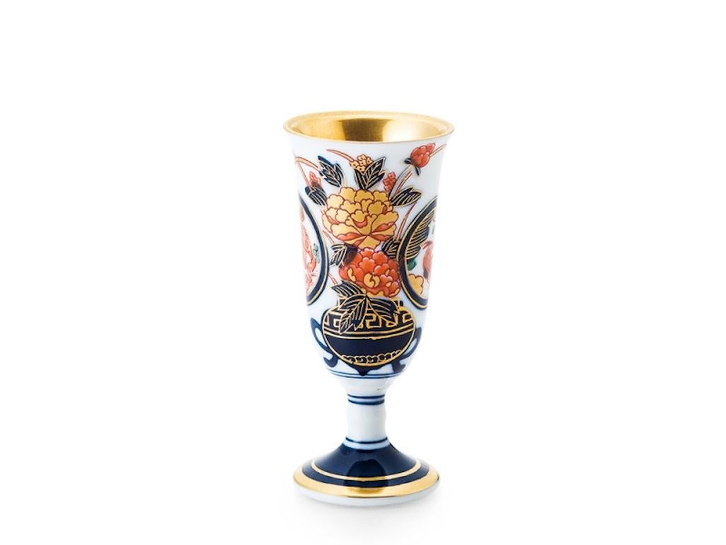 Meiji Japanese Contemporary White Gold Blue Porcelain Short Stem Cup, 4 For Sale
