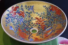 Japanese Contemporary Gilded Red Blue Porcelain Washbasin by Master Artist