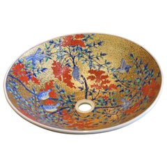 Japanese Contemporary Gilded Red Blue Porcelain Washbasin by Master Artist