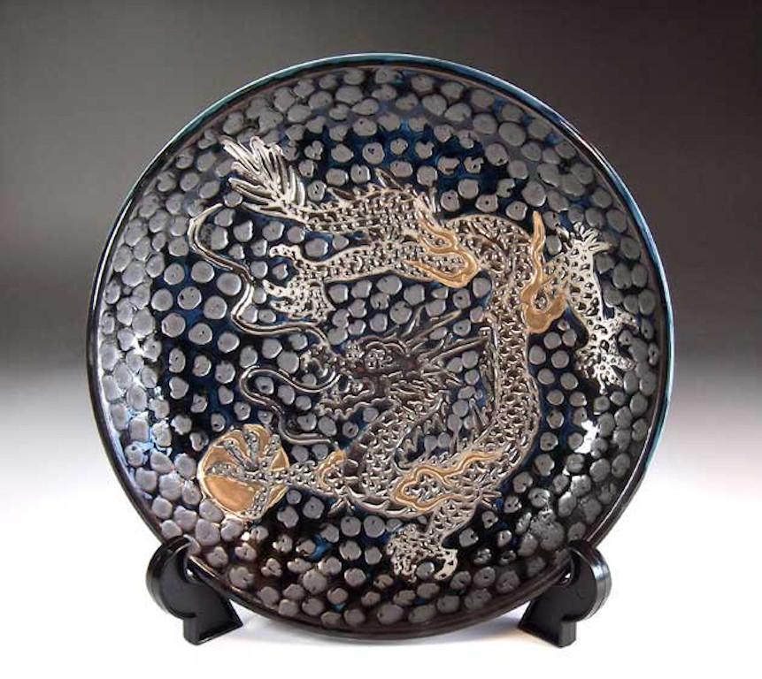 Meiji Japanese Contemporary Gold Black Platinum Porcelain Charger by Master Artist, 4 For Sale