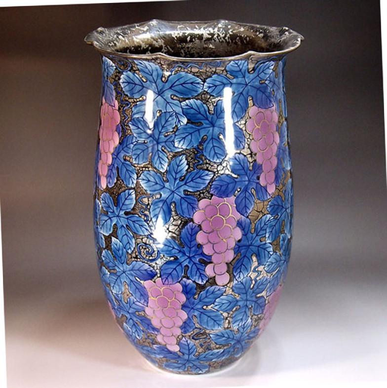 Gilt Japanese Contemporary  Blue Pink Gold Black Porcelain Vase by Master Artist For Sale