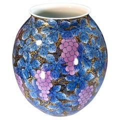 Japanese Contemporary Gold Blue Pink Porcelain Vase by Master Artist