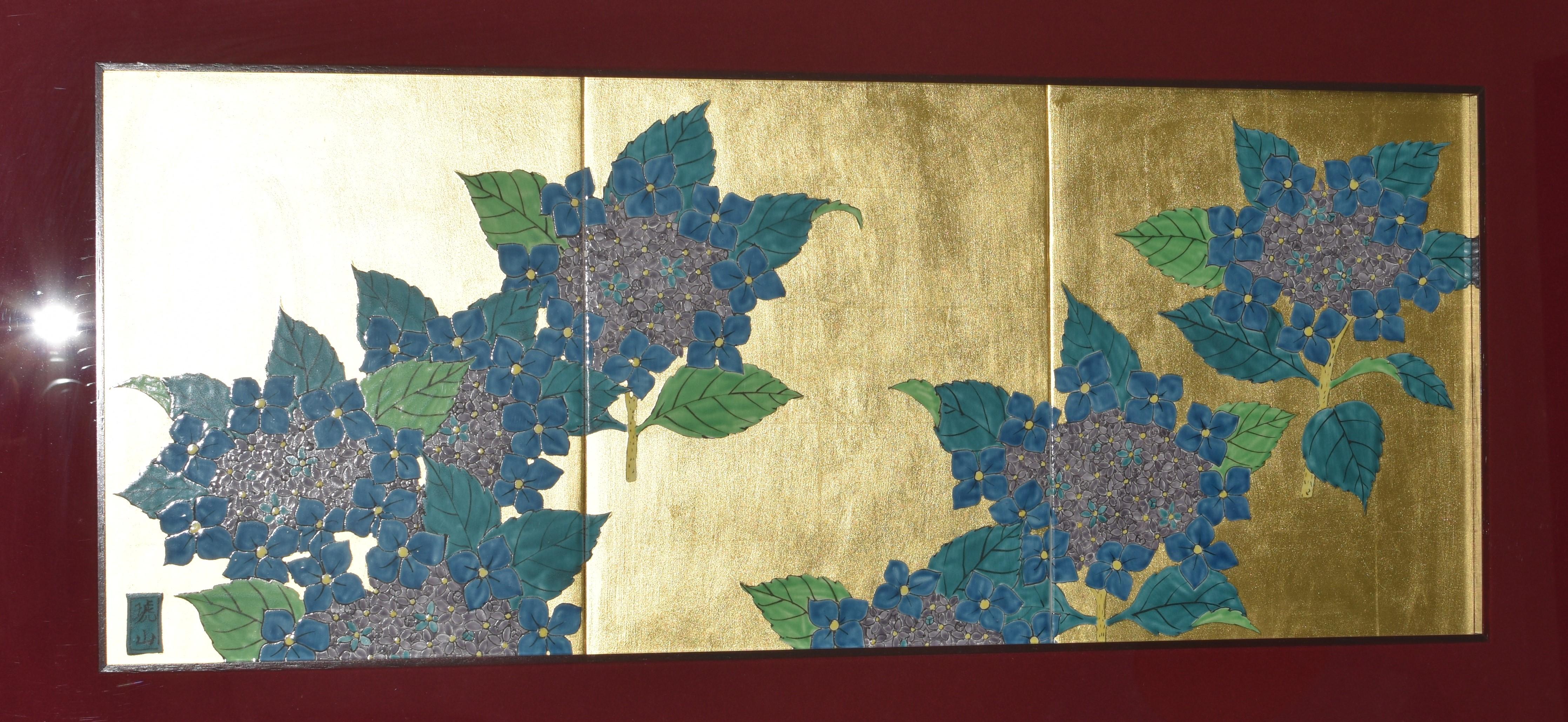 Meiji Japanese Contemporary Gold Green Purple Framed Porcelain Panel by Master Artist For Sale