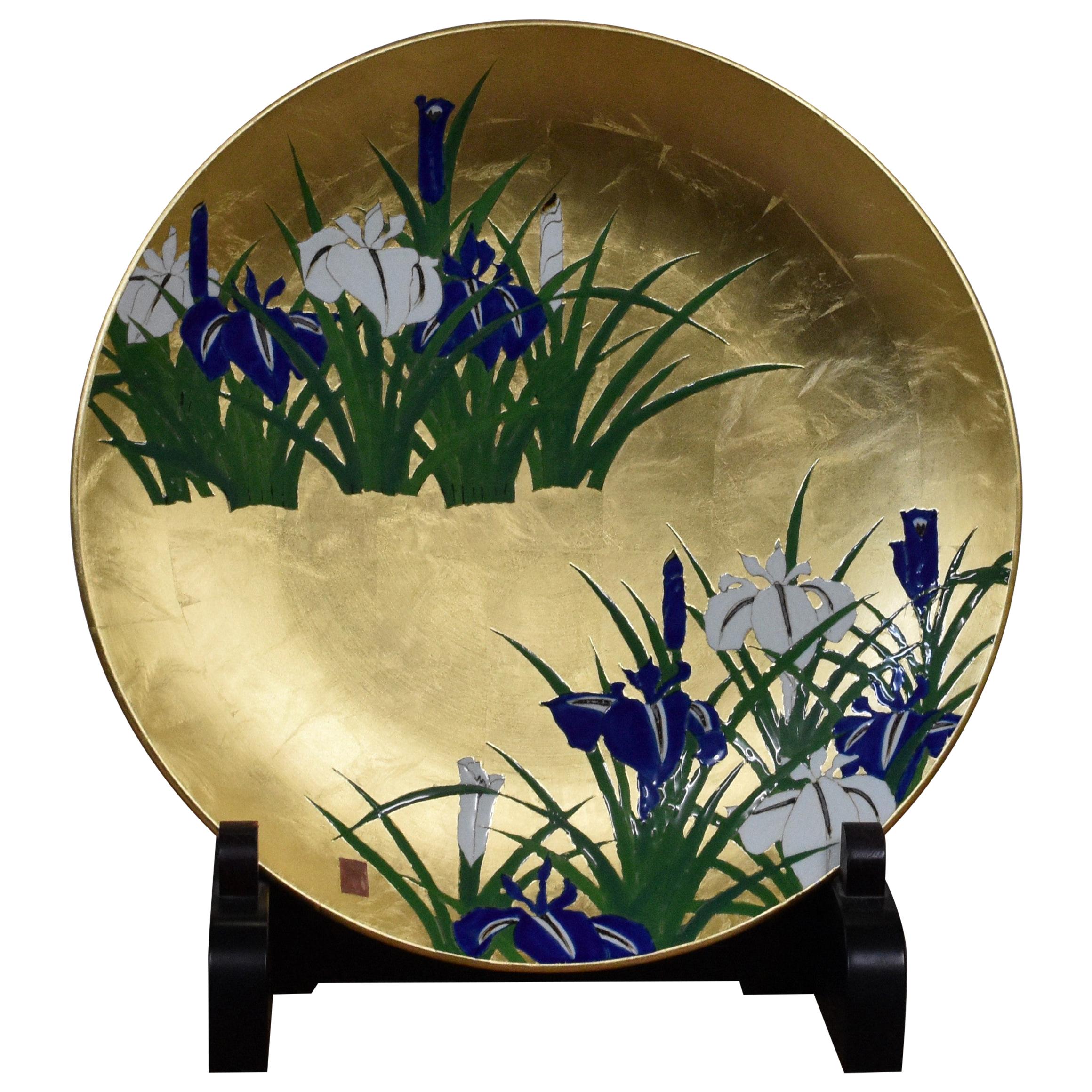 Japanese Contemporary Gold Leaf Purple Green Porcelain Charger by Master Artist For Sale