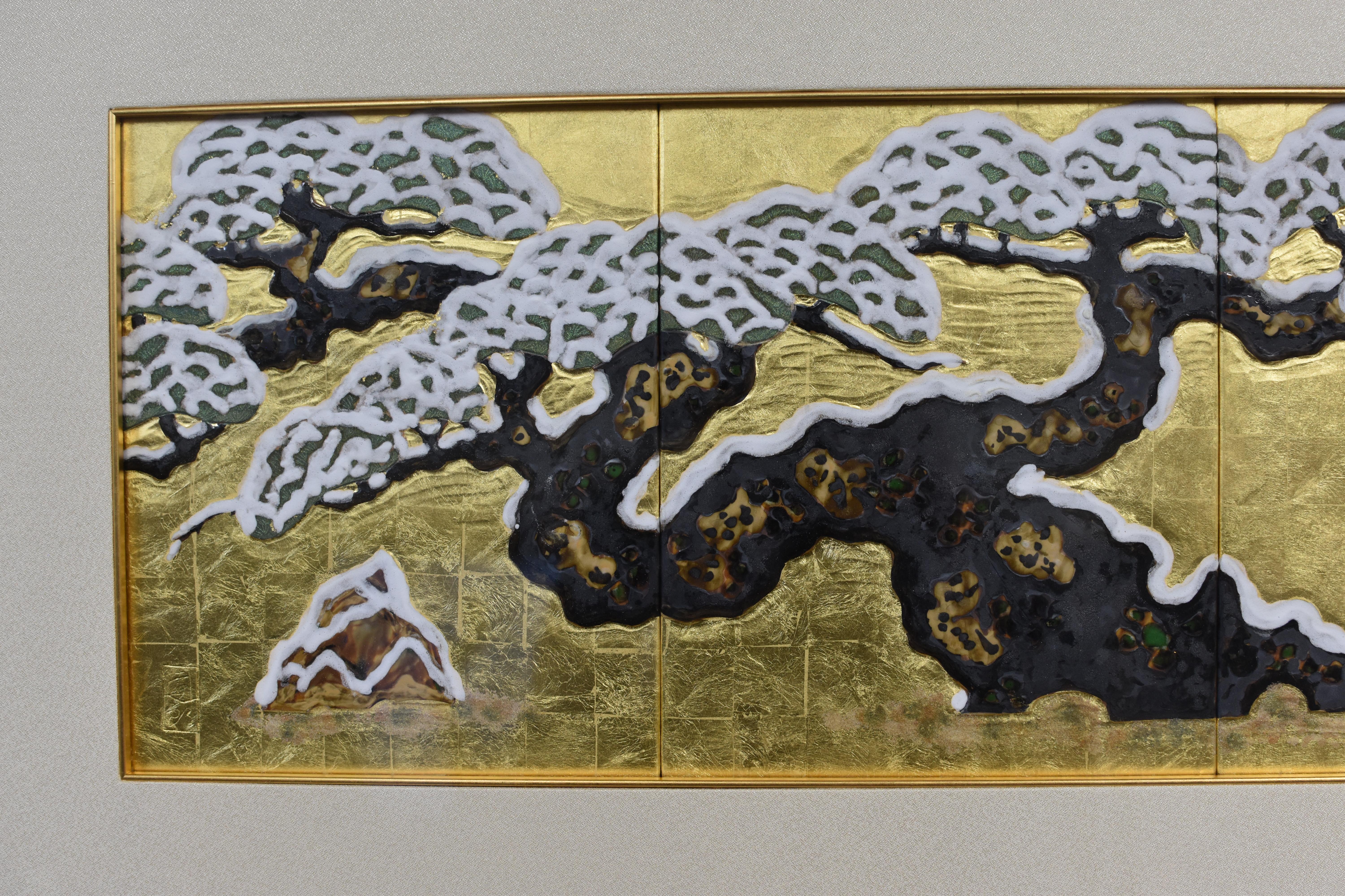 Meiji Japanese Contemporary Gold Leaf Brown Framed Porcelain Panel by Master Artist, 3 For Sale