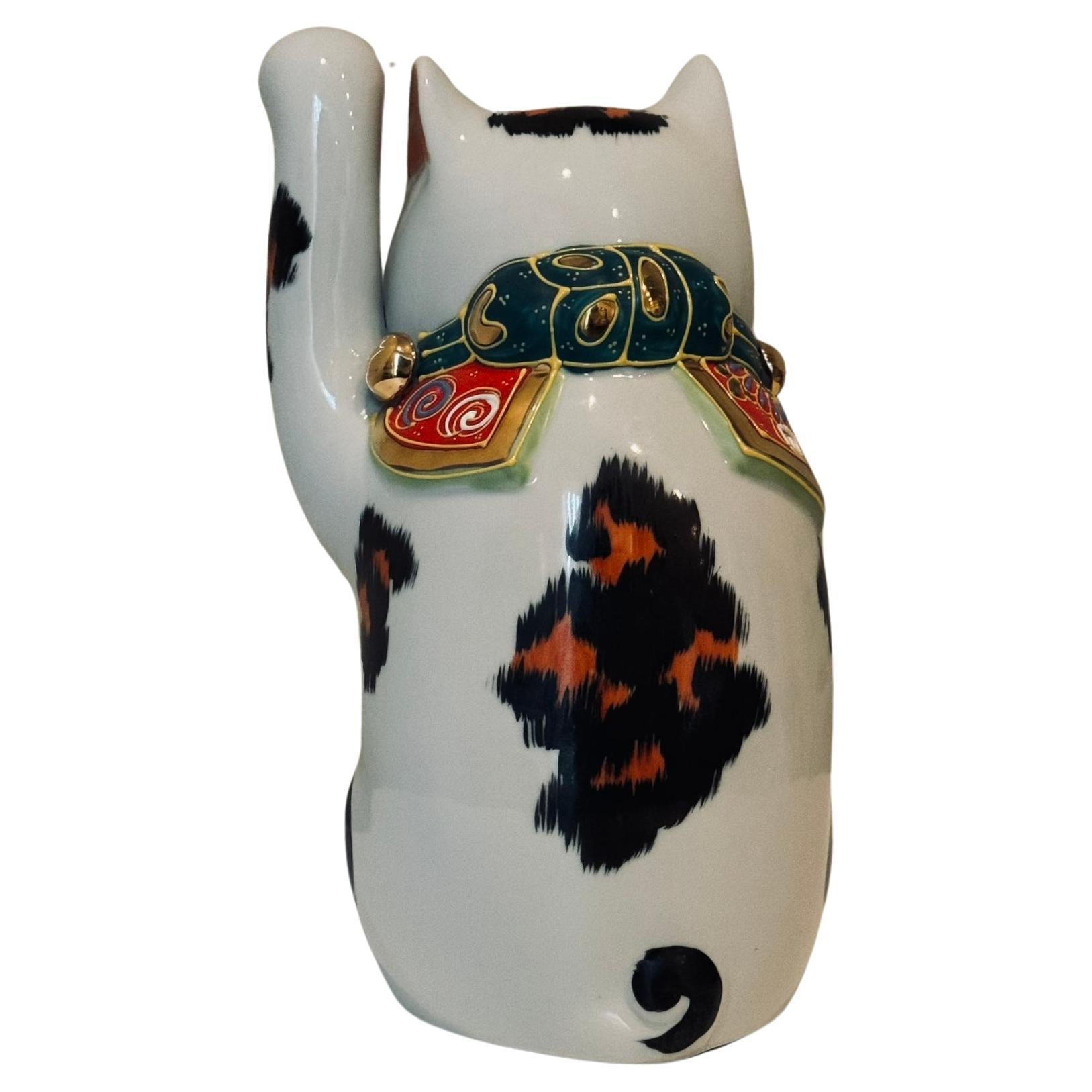 Hand-Painted Japanese Contemporary Gold Orange Black Red Hand painted Porcelain Beckoning Cat For Sale