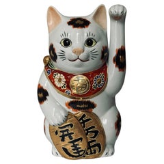 Antique Japanese Contemporary Gold Orange Black Red Hand painted Porcelain Beckoning Cat