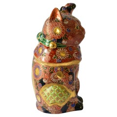 Japanese Contemporary Gold Orange Blue Green Porcelain Lucky Cat Sculpture