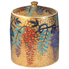 Japanese Contemporary Gold Purple Red Porcelain Lidded Jar by Master Artist