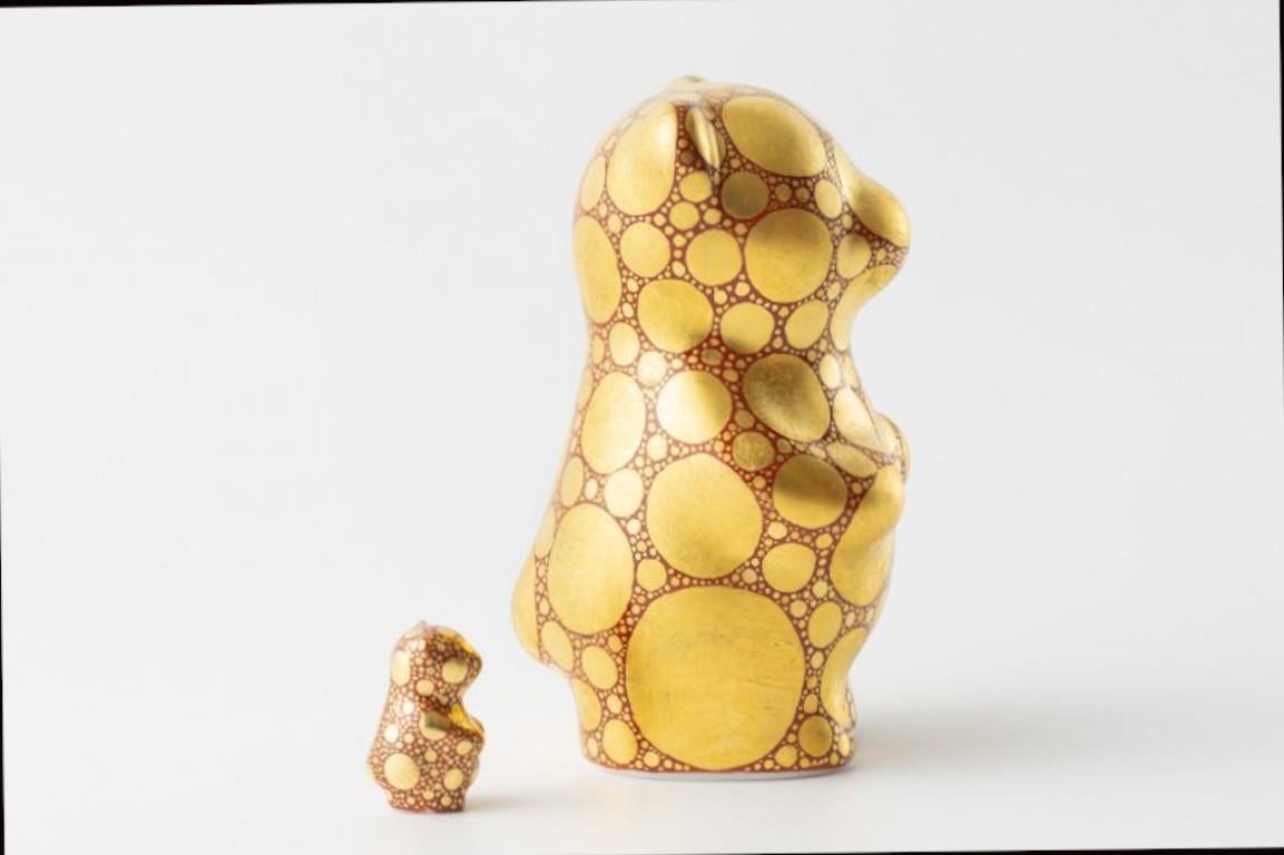 Hand-Painted Japanese Contemporary Gold Red Porcelain Bear Sculpture, 9 For Sale