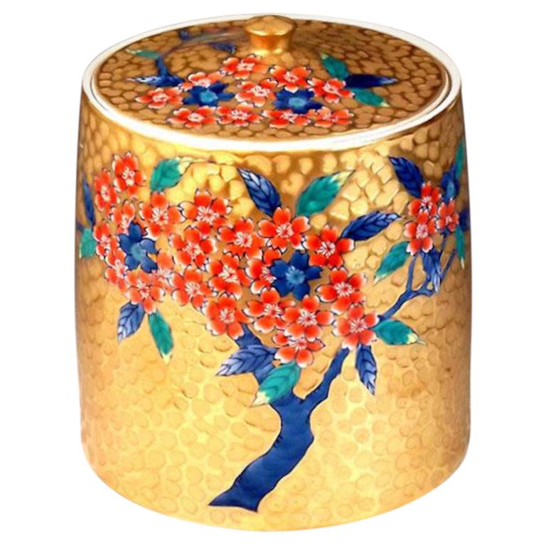 Japanese Contemporary Gold Red Porcelain Mizusashi Lidded Jar by Master Artist