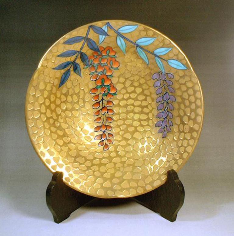 Meiji Japanese Contemporary Gold Red Purple Porcelain Plate by Master Artist For Sale