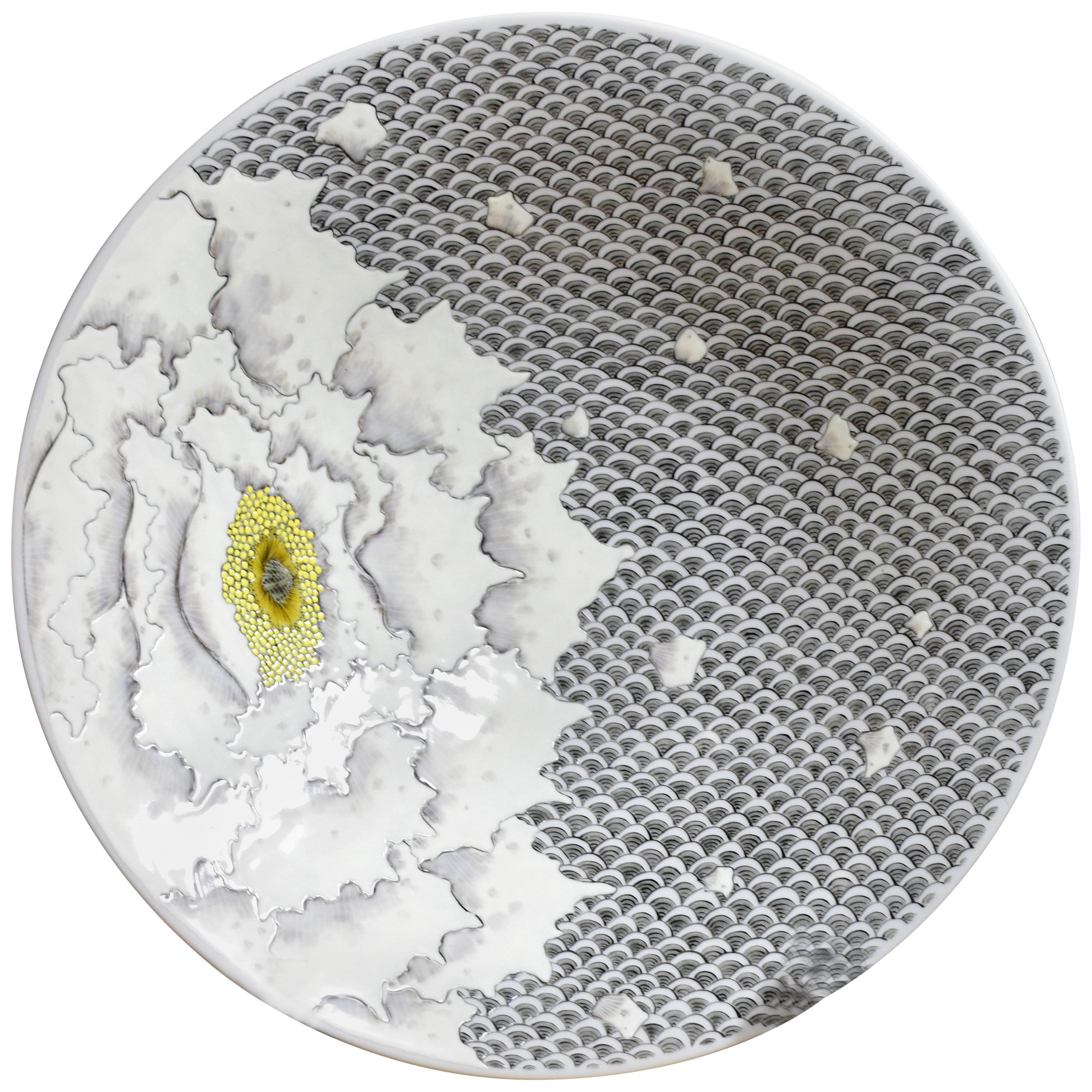 Japanese Contemporary Gray White Yellow Porcelain Charger by Master Artist, 3