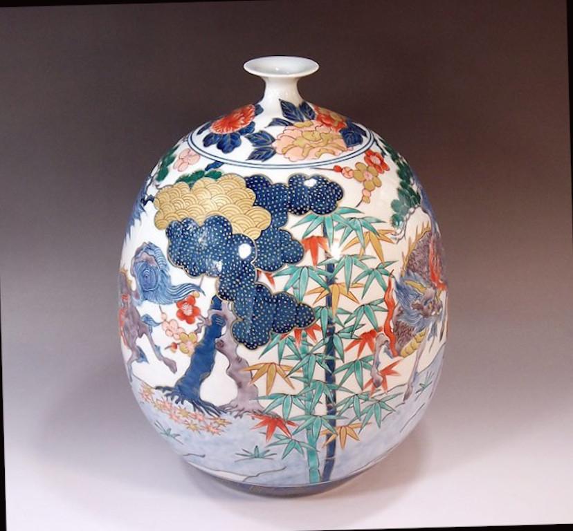 Hand-Painted Japanese Contemporary Green Blue and Gold Porcelain Vase by Master Artist For Sale
