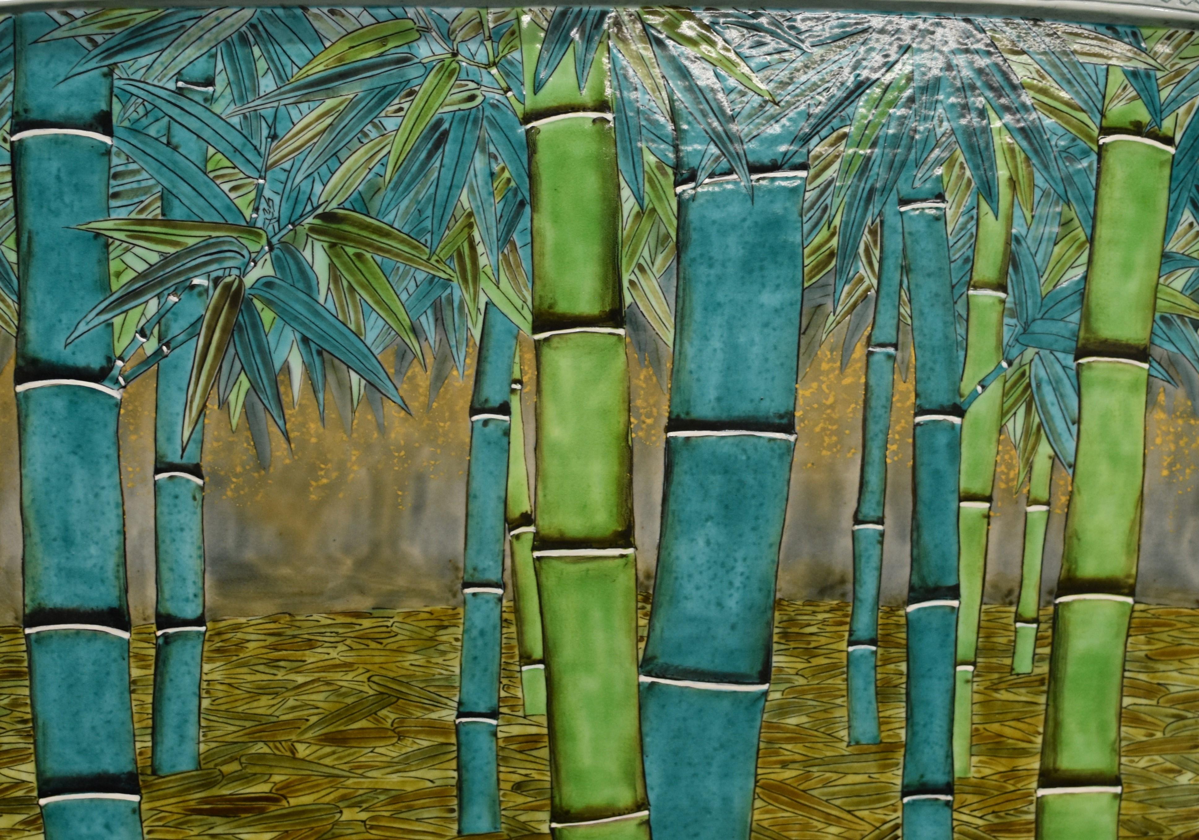 Extraordinary large museum quality Japanese contemporary ceramic charger in a stunning rectangular shape, hand painted in the artist's signature green and blue to feature a dramatic Japanese bamboo forest that is accentuated by elegant bamboo leaves