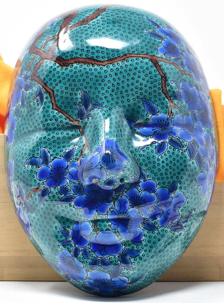Japanese Contemporary Green Blue Kutani Ceramic Mask by Master Artist