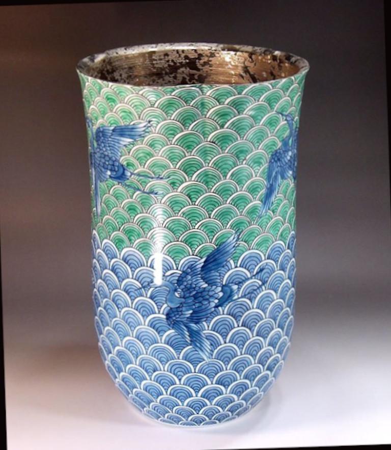 Hand-Painted Japanese Contemporary Green Blue Platinum Porcelain Vase by Master Artist For Sale