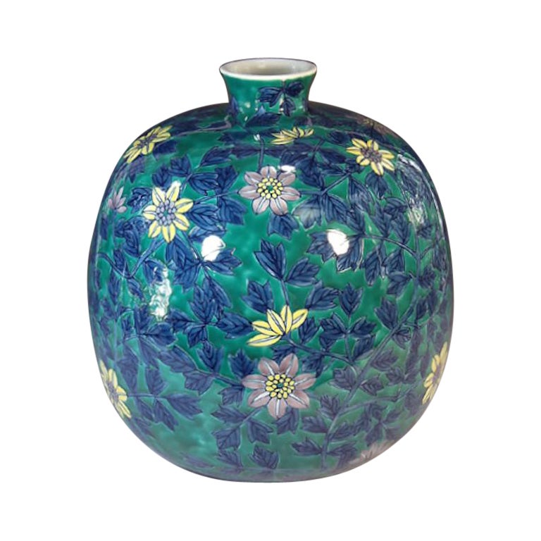 Vase japonais contemporain en porcelaine bleue verte par un maître artiste, 4 pièces