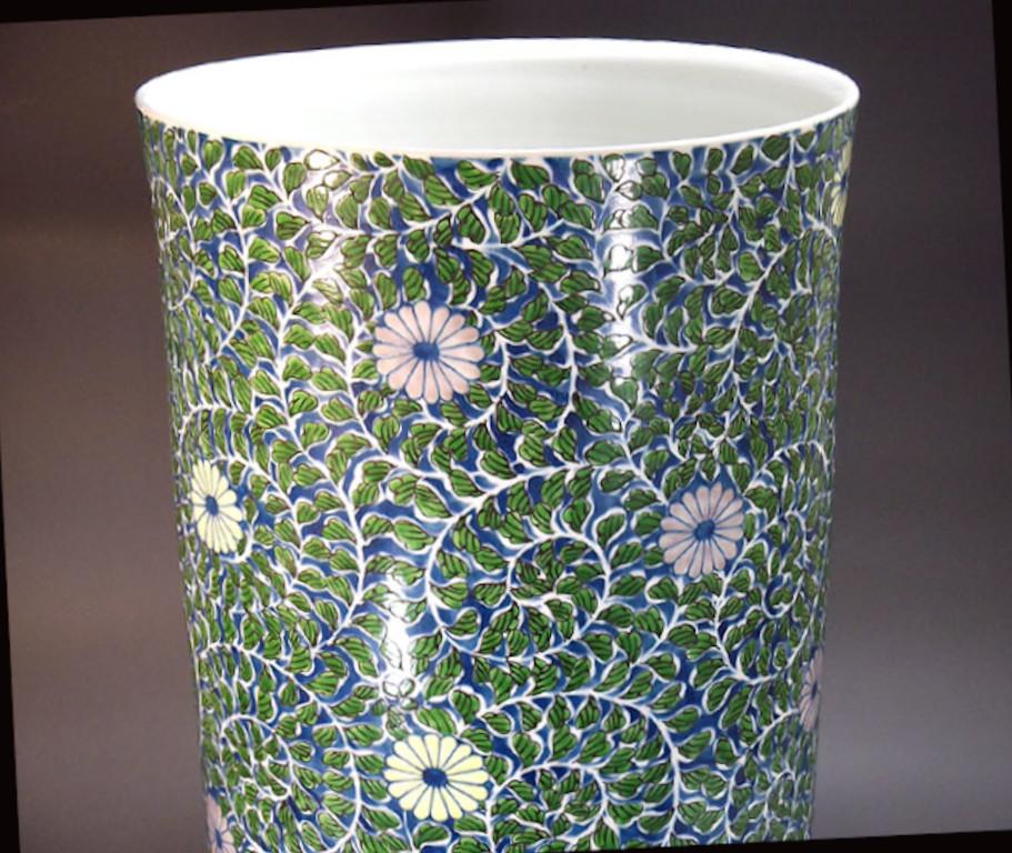 Meiji Japanese Contemporary Green Blue Purple Porcelain Vase by Master Artist For Sale
