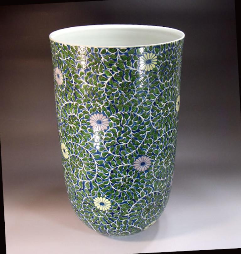 Hand-Painted Japanese Contemporary Green Blue Purple Porcelain Vase by Master Artist For Sale