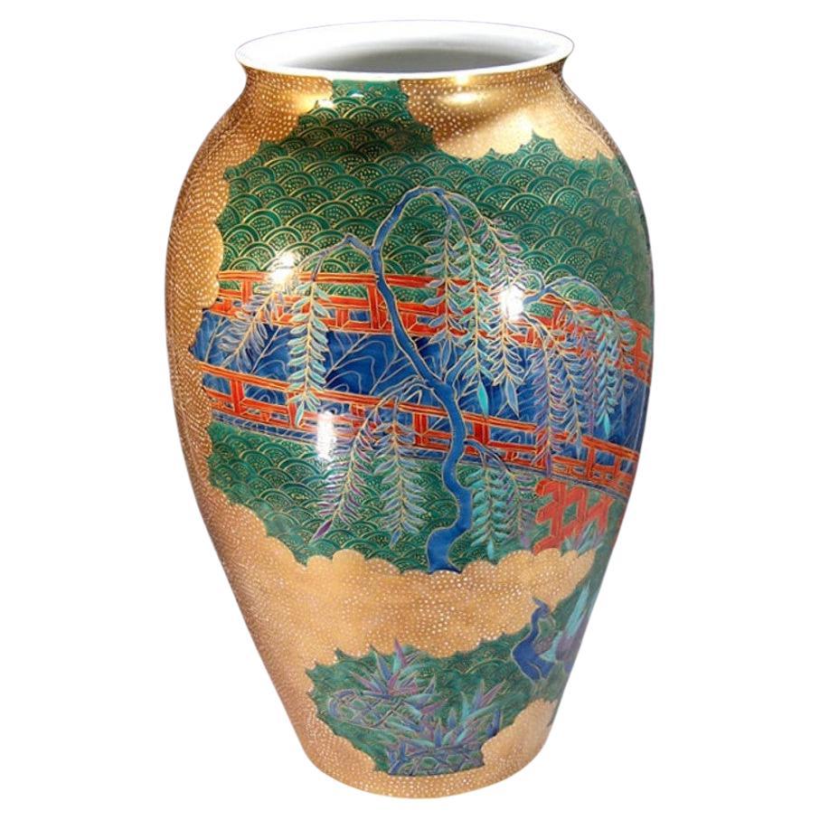 Meiji Japanese Contemporary Green Blue Red Gold Porcelain Vase by Master Artist, 2 For Sale