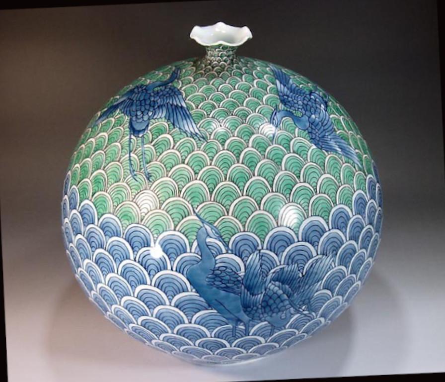 Hand-Painted Japanese Contemporary Green Blue White Porcelain Vase by Master Artist For Sale