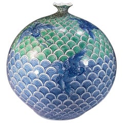 Japanese Contemporary Green Blue White Porcelain Vase by Master Artist
