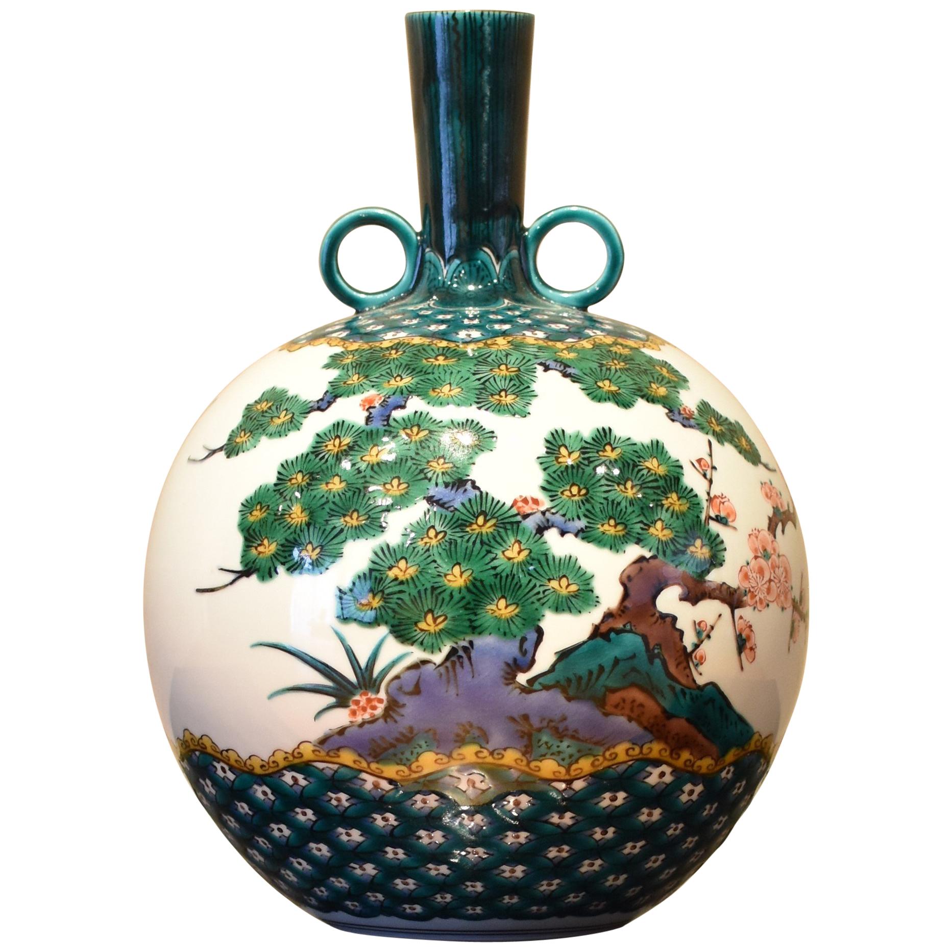 Japanese Contemporary Green Kutani Decorative Porcelain Vase by Master Artist