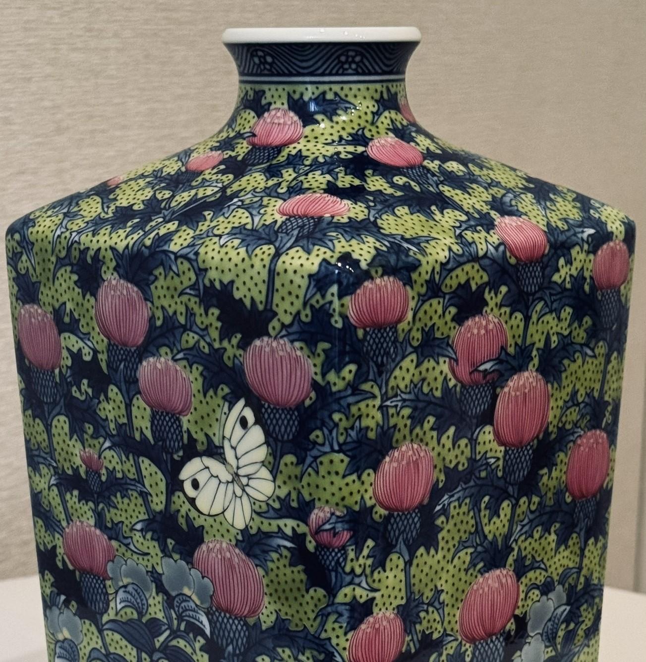 Meiji Japanese Contemporary Green Pink Porcelain vase by Master Artist For Sale