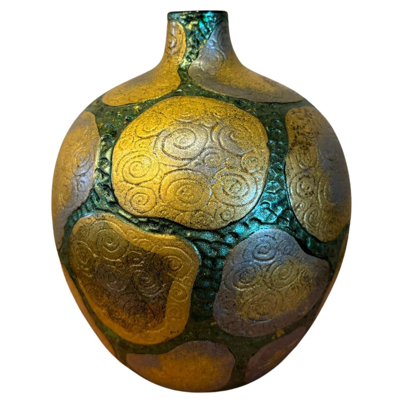 Gilt Japanese Contemporary Green Platinum Gold Porcelain Vase by Master Artist For Sale