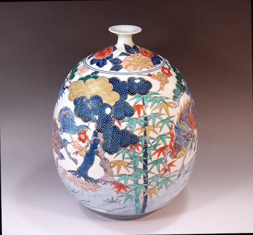 Hand-Painted Japanese Contemporary Green, Red, Blue and Gold Porcelain Vase by Master Artist For Sale