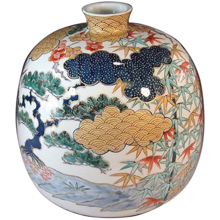 Japanese Contemporary Green, Red, Blue and Gold Porcelain Vase by Master Artist