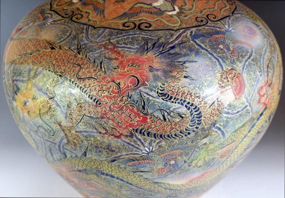 Meiji Japanese Contemporary Green Red Blue Gold Porcelain Vase by Master Artist, 2 For Sale
