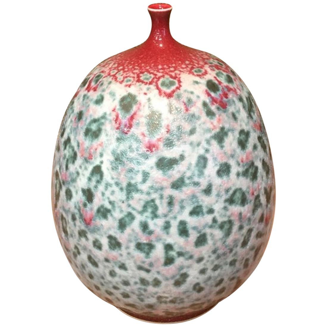 Japanese Contemporary Green Red Hand-Glazed Porcelain Vase by Master Artist