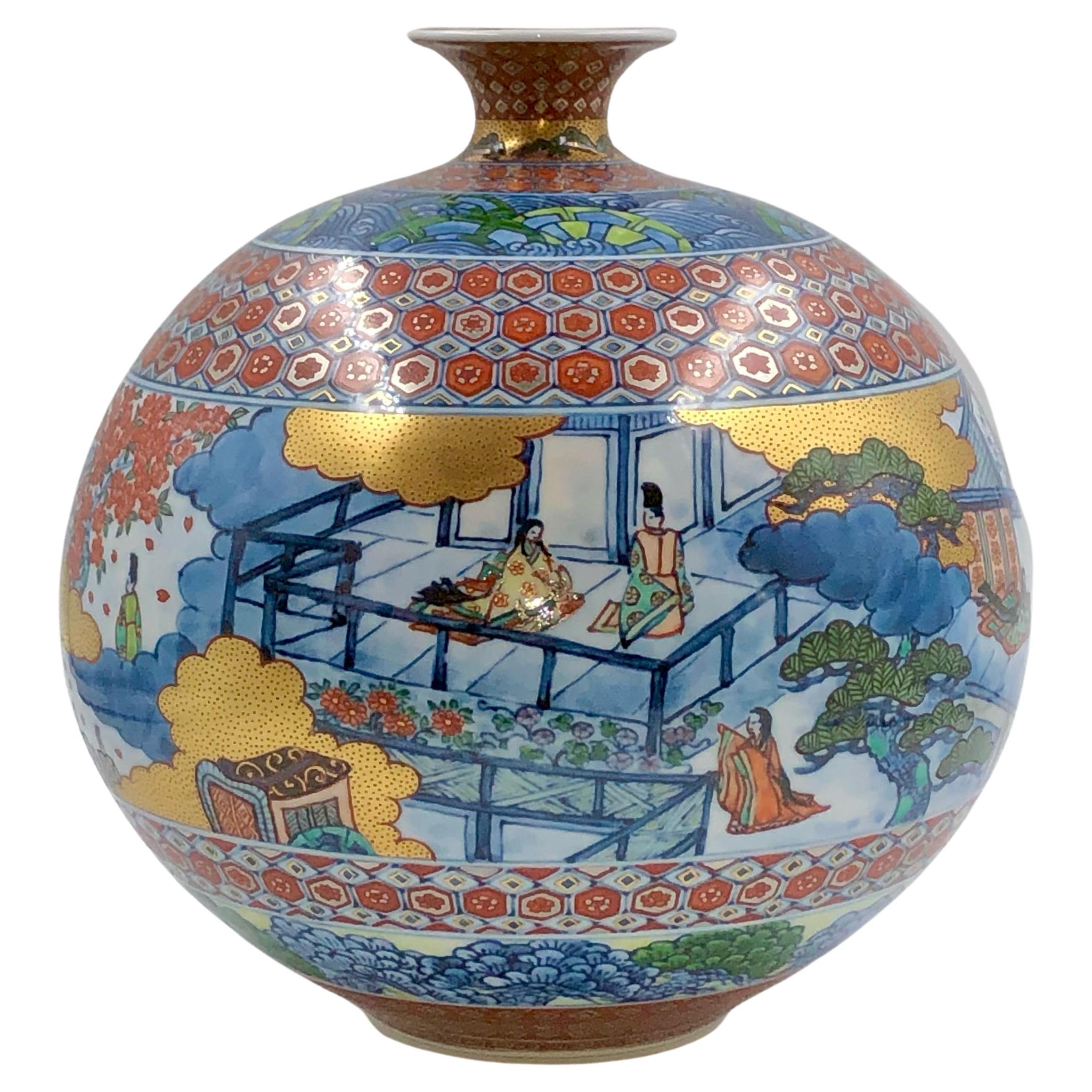 Vaso contemporaneo giapponese in porcellana verde bianco blu del maestro Duo in vendita