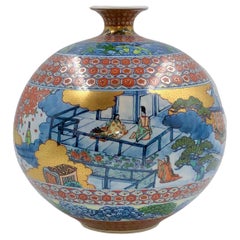 Vaso contemporaneo giapponese in porcellana verde bianco blu del maestro Duo